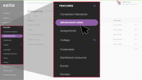 Educator account in Xello. The left menu is highlighted with Features open. The cursor is clicking Advisement notes.